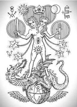 Black and white drawing with mystic and alchemical symbols, androgyne, twins or Gemini concept. Occult and esoteric vector illustration