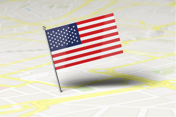 USA national flag location pin stuck into a city road map. 3D Rendering