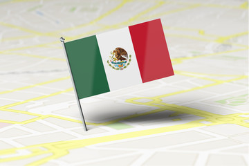Mexico national flag location pin stuck into a city road map. 3D Rendering