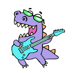 Happy dragon playing the electric guitar in black glasses. Vector illustration.