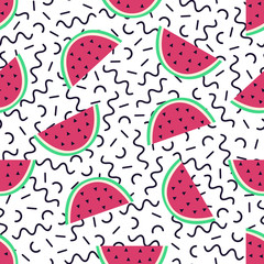 Vector seamless pattern with watermelon and geometric elements in memphis style. Summer tropical design
