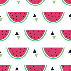 Vector seamless pattern with watermelon and triangles. Cute summer fruit background.