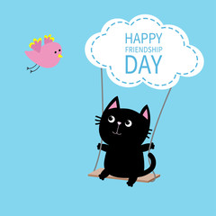 Happy Friendship Day. Cat ride on the swing. Cloud shape. Flying bird. Cute cartoon character. Kawaii baby pet collection. Friends forever. Flat design. Funny kids style. Blue sky background