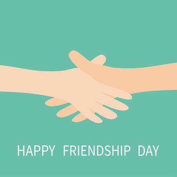 Happy Friendship Day. Handshake icon. Two hands arms reaching to each other. Shaking hands. Close up body part. Friends forever. Helping hand. Green background Isolated. Flat design.