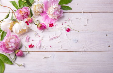 Stunning pink and white peonies on rustic wooden background. Copy space. Mother's, Valentines, Women's Wedding Day concept