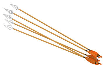 Bundle of wooden arrows with sharp arrowheads isolated on a white background, 3D rendering