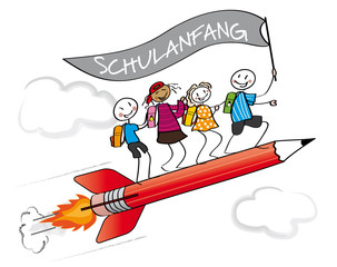 Schulanfang - Kinder fliegen auf Stift und halten eine Fahne  mit der Aufschrift Schulanfang