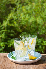 refreshing lemonade drink with rosemary in glasses