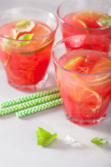 watermelon lemonade with lime and mint, summer refreshing drink