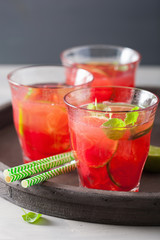 watermelon lemonade with lime and mint, summer refreshing drink
