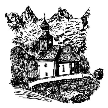 Landscape view of a wooden old church on a backdrop of Alpine mountains in Tyrol, sketch, hand-drawn vector illustration