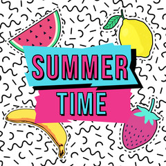 Vector cute illustration with Summer Time frame, fruit patch badges and memphis geometric pattern.