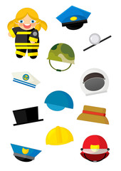 cartoon matching game with finding proper hats to occupation - fireman girl - illustration for children