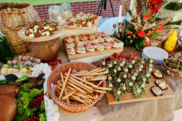 Amazingly-looking delicious dishes on wedding banquet.