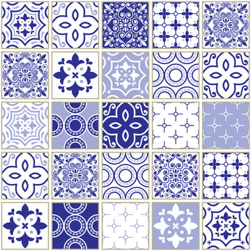 Veector navy blue tiles pattern, Azulejo - Portuguese seamless tile design, ceramics set