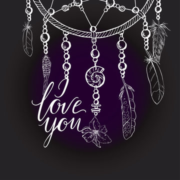 Hand drawn ornate Dreamcatcher in a contour on black background. Lettering I LOVE YOU. Vector illustration