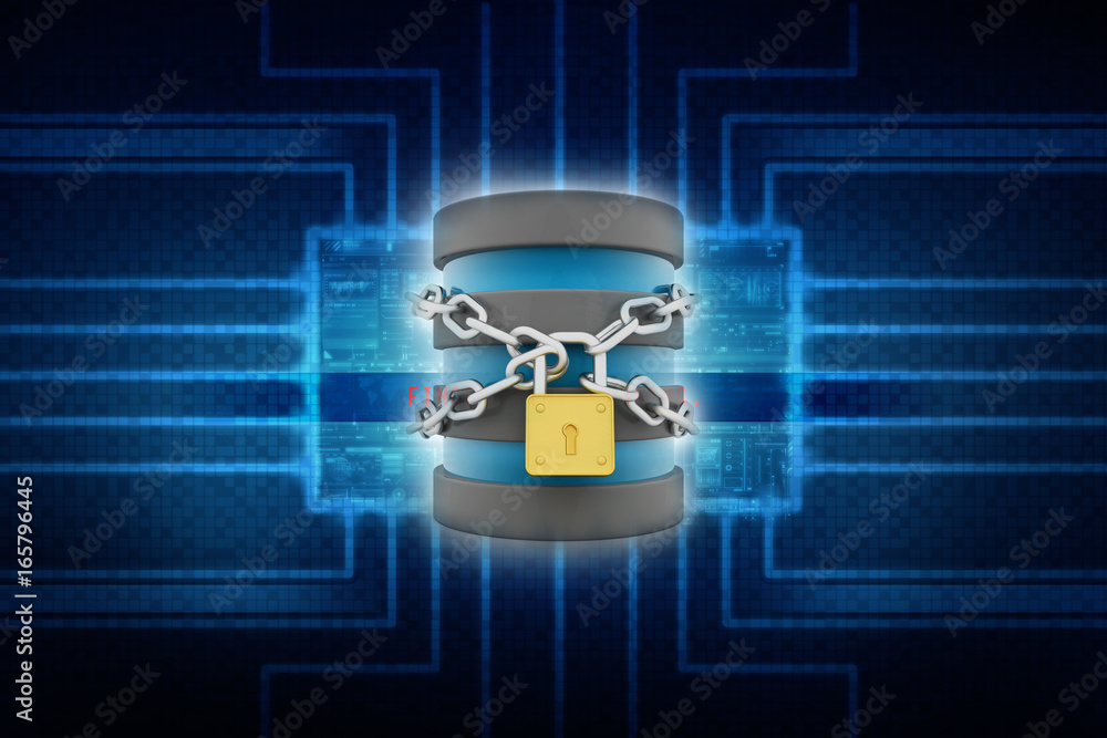 Poster 3d illustration database storage security concept. disk with lock