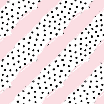 Vector Seamless Trendy Messy Stripes And Polka Dot Pattern. Modern Ink Brush Elements Background. Great For Print, Wrapping Paper, Wallpaper