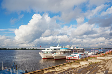 Tourist motor ships at the pier