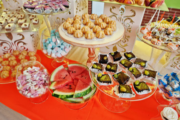 Amazingly-looking delicious dishes on wedding banquet.