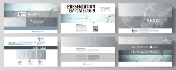Business templates in HD format for presentation slides. Abstract vector layouts in flat design. Chemistry pattern, connecting lines and dots, molecule structure, scientific medical DNA research.