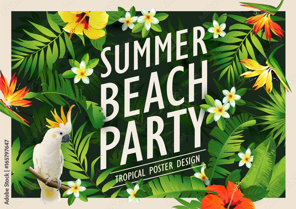 Wall mural summer beach party poster design template with palm trees, banner tropical background. vector illust