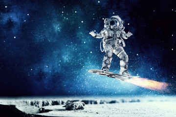 Spaceman on flying board. Mixed media