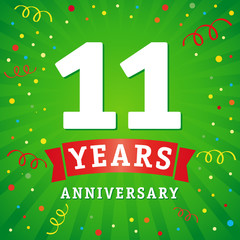 11 years anniversary logo celebration card. 11th years anniversary vector background with red ribbon and colored confetti on green flash radial lines