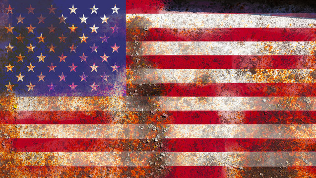 American flag on rusty metal background texture
