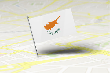 Cyprus national flag location pin stuck into a city road map. 3D Rendering