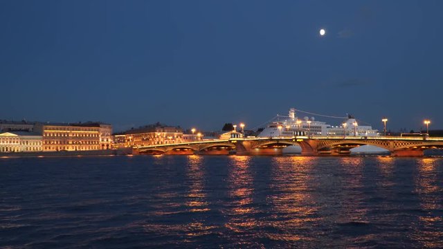 The Annunciation Bridge and the Cruise Liner. Night. Saint-Petersburg, Russia
