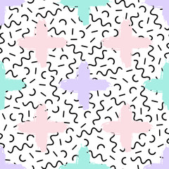 Vector seamless retro memphis pattern with geometric and hand drawn brush elements. Chaotic trendy geometry in hipster style. Suitable for posters, covers, prints.