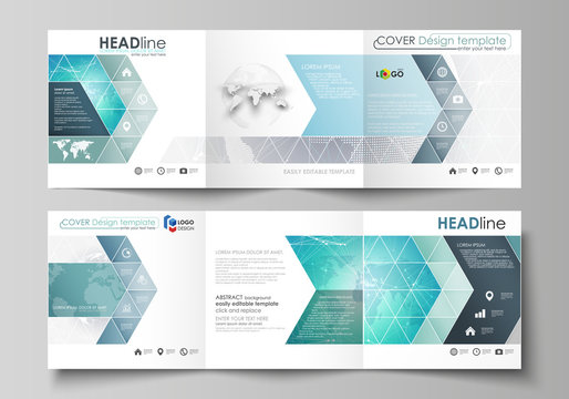 The minimalistic vector illustration of editable layout. Two modern creative covers design templates for square brochure or flyer. Chemistry pattern. Molecule structure. Medical, science background.