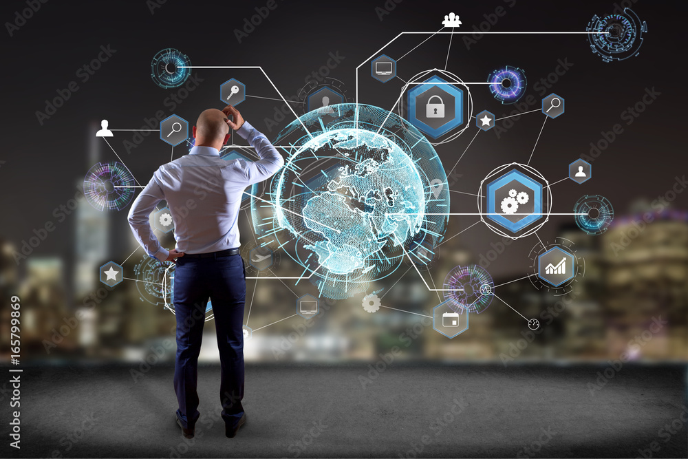 Poster businessman in front of a wall with an international business network connection displayed on a futu