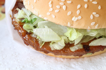 hamburger with lettuce close up shot