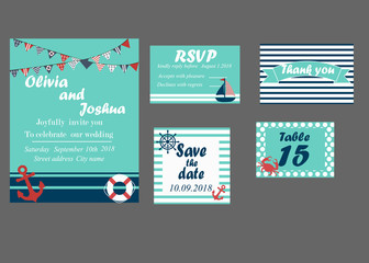 Wedding invitation cards set, nautical style,
