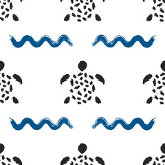 Fototapeta premium Ornament of waves and turtles drawn with a brush. Seamless pattern. Grunge, sketch, graffiti, ink, paint.
