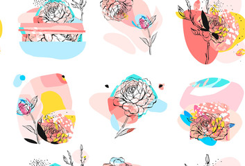 Hand made vector abstract textured trendy creative universal collage seamless pattern with peony flowers motif floral compositions isolated on white background with different textures and shapes