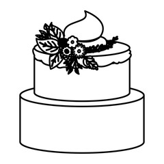 sketch contour of hand drawing two-story cake with buttercream decorative and ornament plants