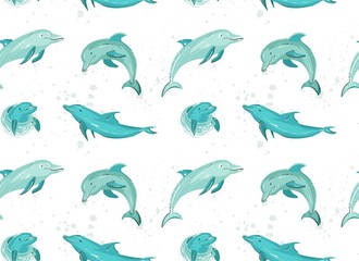Hand drawn vector cartoon summer time seamless pattern with jumping dolphins in blue colors isolated on white background.