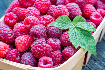 Close-up of big ripe raspberries in a wooden basket.