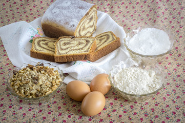 Fototapeta na wymiar Traditional Slovenian potica, a festive cake filled with walnut filling.