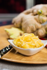 Ceramic bowl of delicious fresh pickled sushi ginger.