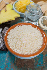 Asian food background. Sushi and rolls preparation. Making sushi at home traditional sushi ingredients.