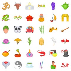 Asian culture icons set, cartoon style