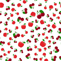 Seamless pattern of red apples and cherries with a green leaf on a white background. Vector illustration.