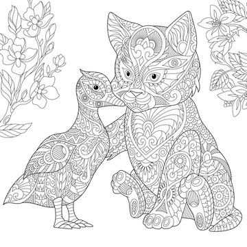 Coloring page. Cat and duck embracing each other. Freehand sketch drawing for adult antistress colouring book in zentangle style.