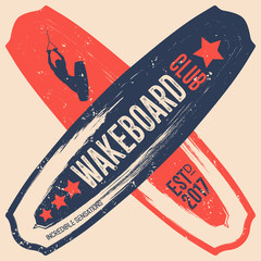 Vector logo wakeboard club in vintage style for your unique design, printing on T-shirts or the Internet