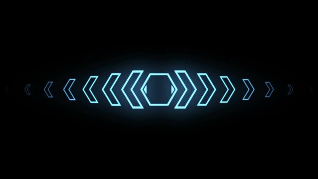 Futuristic screensaver with hex corner. HUD Heads Up Display Scanner high tech target digital read out. Abstract digital background with geometric particles. Seamless loop