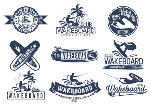 Vintage vector set of logos for the wakeboard club for your unique design, printing on a T-shirt, the Internet.
